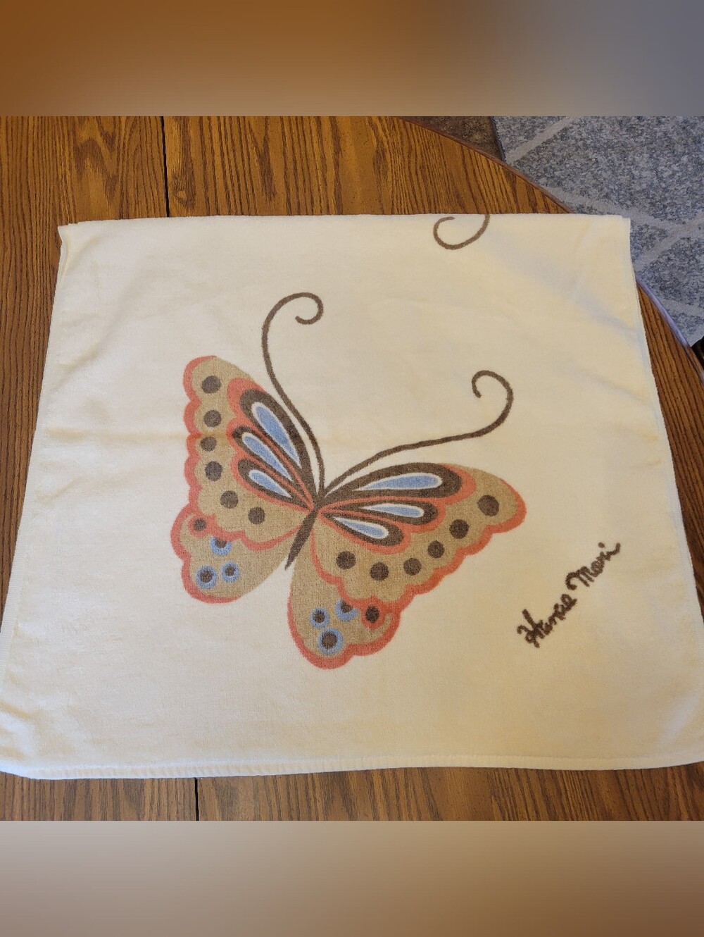 Vintage Maritex Hanae Mori Single Butterfly Bath Towel Cream Brown 1970’s